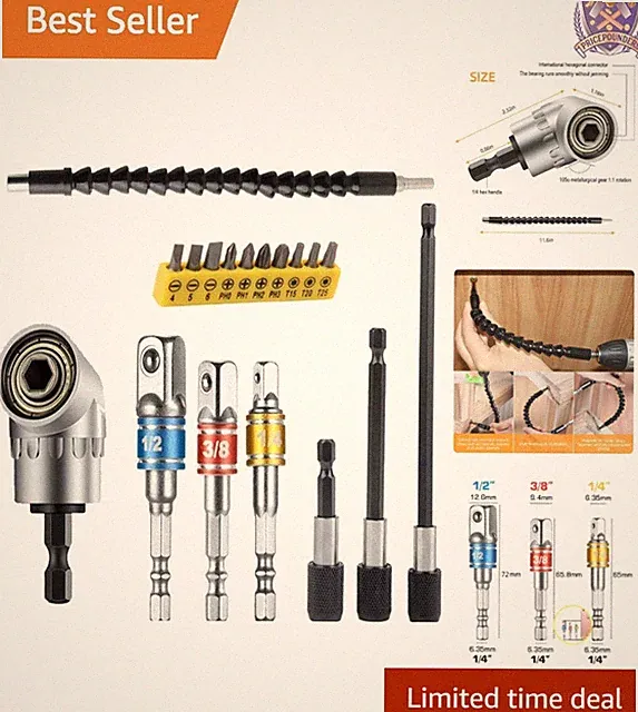 Flexible Drill Bit Extension Set Includes 105° Right Angle Socket Adapter