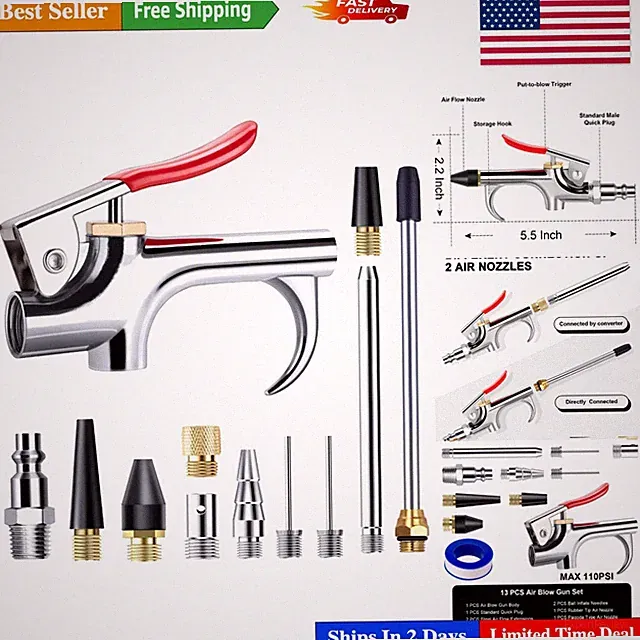 Versatile 13-Piece Air Compressor Blow Gun Kit with Durable Nozzles & Fittings