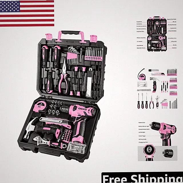 Versatile 8V Pink Cordless Drill with 126 Piece Hand Tool Kit for DIY Lovers